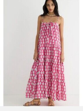 J Crew SZ Blockprints tie-front tiered maxi dress in bright-pink paisley
